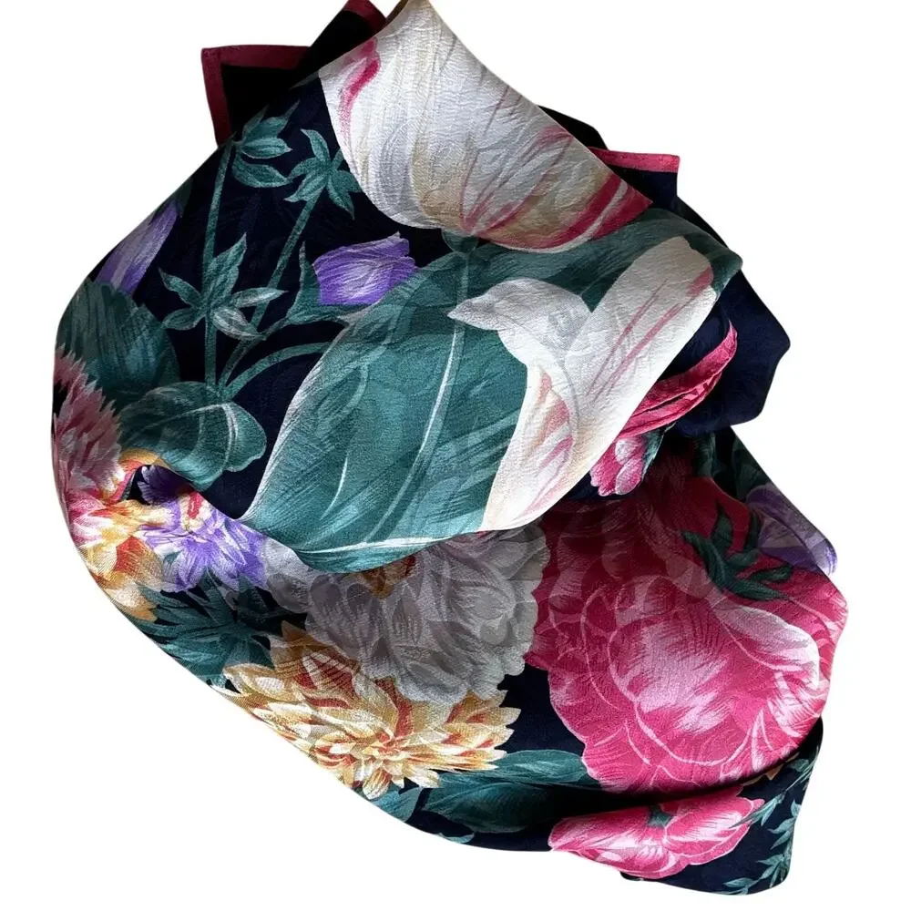 Vintage Ellen Tracy Silk brocade floral scarf blue pink green flowers square